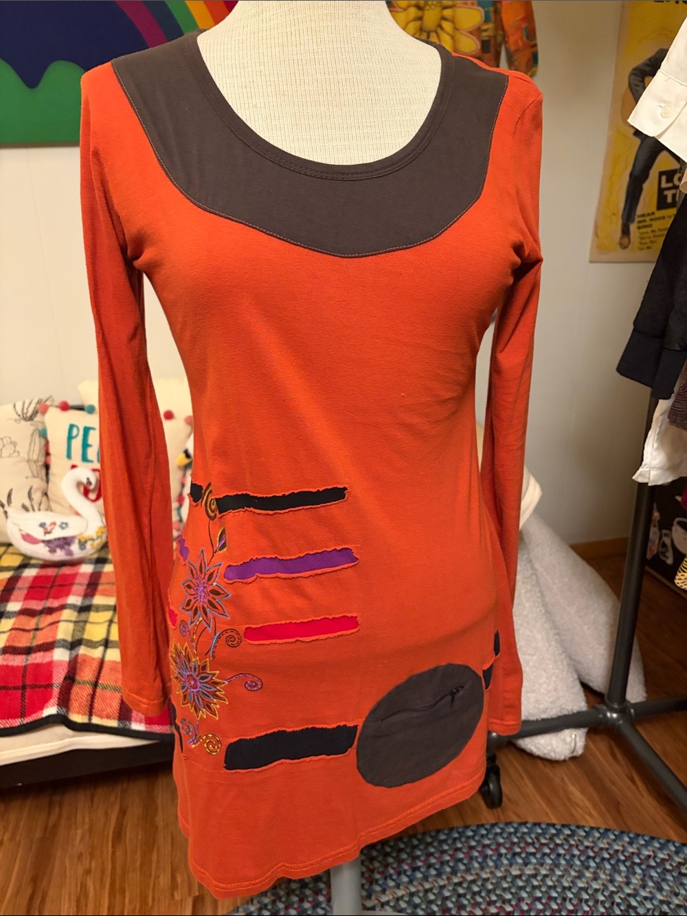 Vintage Nepal Rust Orange Long-Sleeve Deconstructed Embroidered Tunic Top